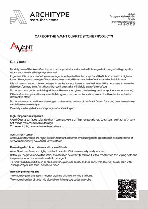 Avant Quartz. Pflegehandbuch für Produkte
